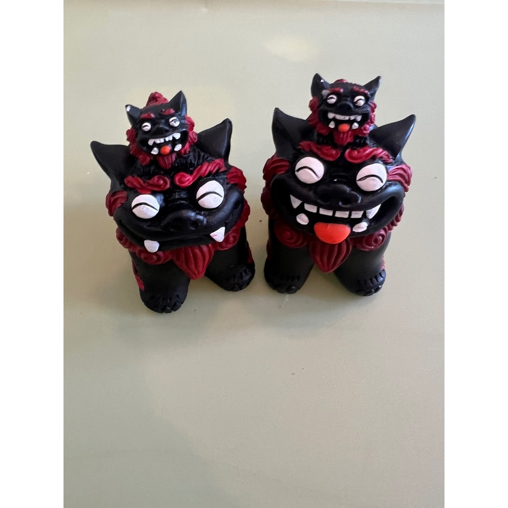 Okinawa Shisa Lion Dog Pair Black Red Guardian Statues Japanese Feng Shui 2.5"